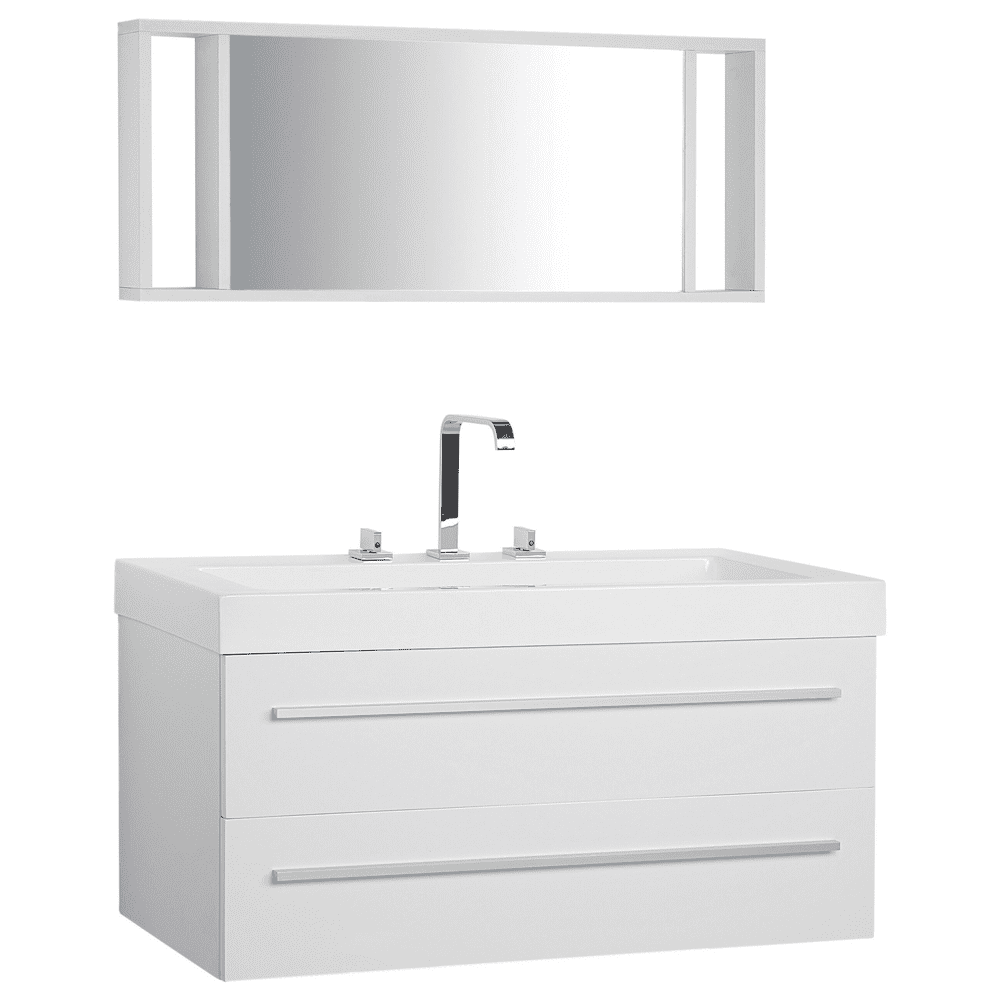 Beliani Biely nástenný nábytok do kúpeľne so zásuvkou a zrkadlom ALMERIA